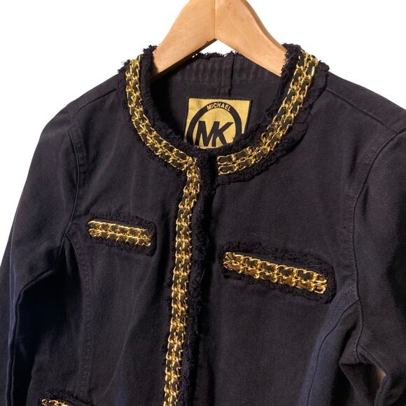 Michael Kors Jacket Womens 2 Black Denim Gold Chain Fringe Designer Short Blazer - Picture 4 of 9